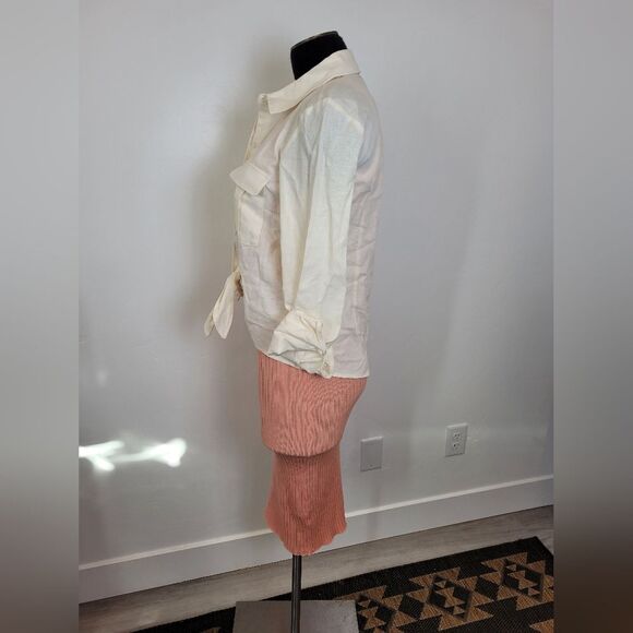 Women's XS Outfit Ribknit Bodycon Dress Linen Button Waist Tie Shirt Pink White - Picture 4 of 14
